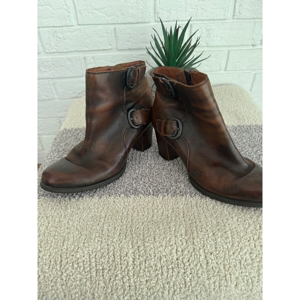 Born Ankle Boots Women 8 Brown Excellent Leather Double Buckle Block Heel D40516